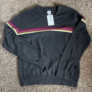 GAP Men's Dark Gray Sweater with Colorful Stripes Wool Blend | Size Medium